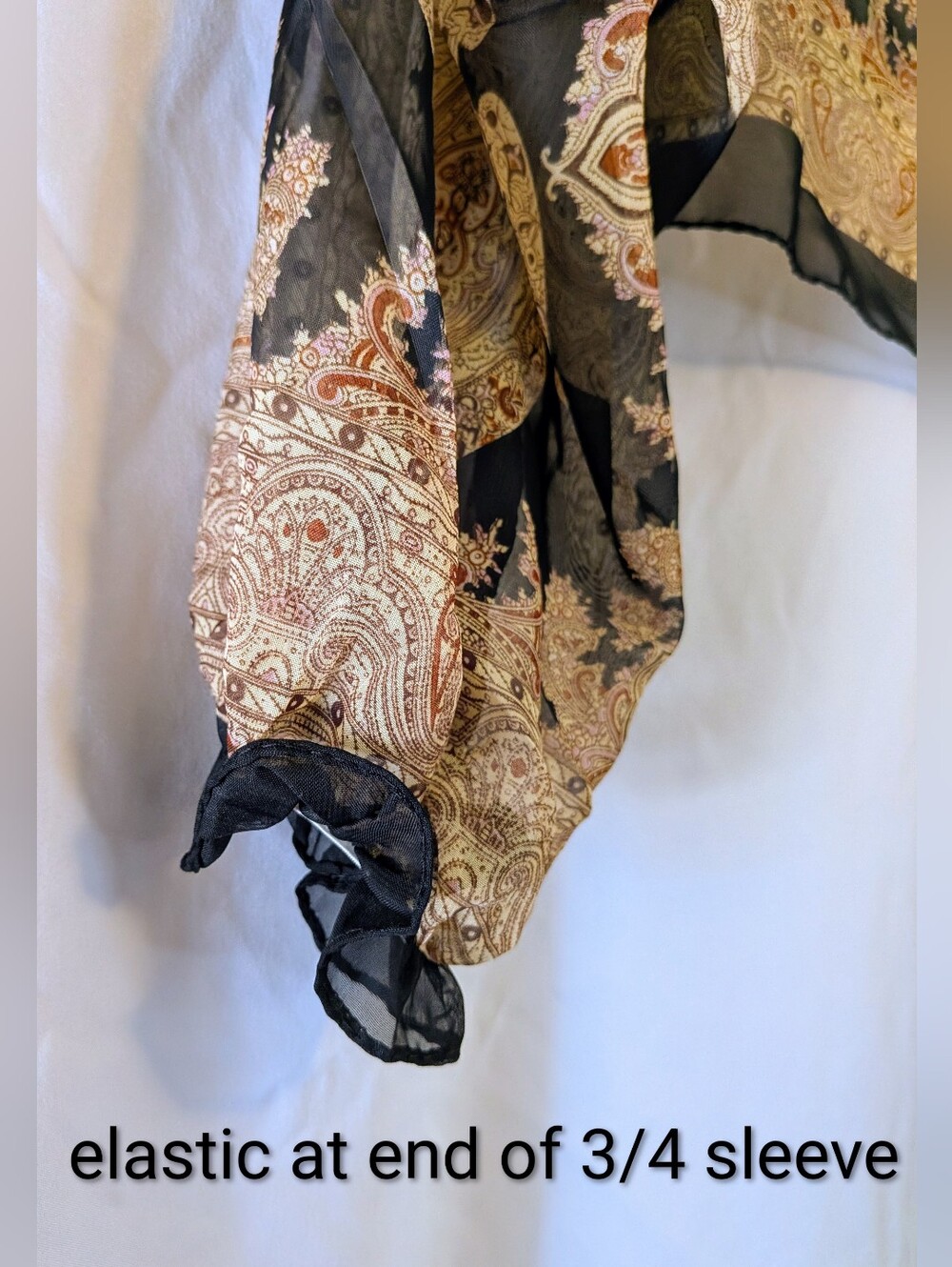 Women’s Black/Gold Sheer UV Protection Shrug Bolero W/ Elastic 3/4 Sleeve - Picture 3 of 4
